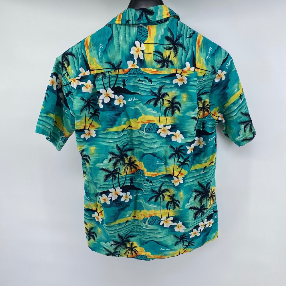 Hawaiian Togs Mens M Aloha Shirt Teal Tropical Palm Tree Dolphin Cotton HI Made - Picture 6 of 8